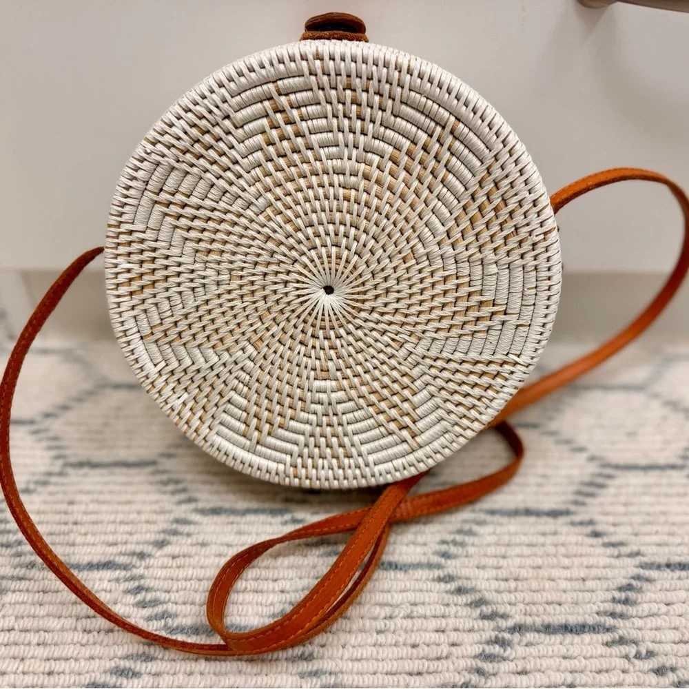 HANDMADE White Woven Boho Rattan Round Crossbody Leather Strap Tropical Lining